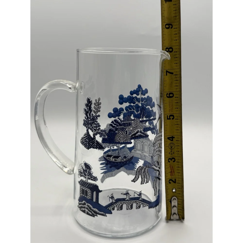 Vintage Glass Blue Willow Martini Pitcher w/ Applied Glass Handle